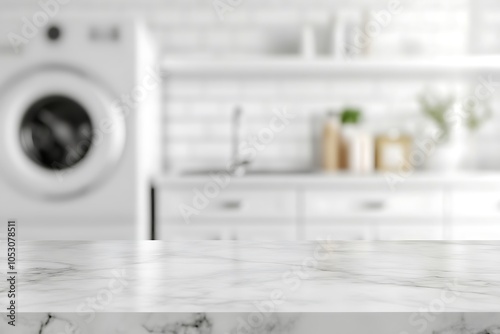 White Marble Countertop in Blurred Laundry Room