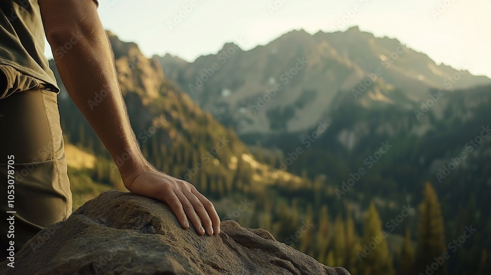 Naklejka premium Hand on Rocky Mountain Face During Sunset Hike