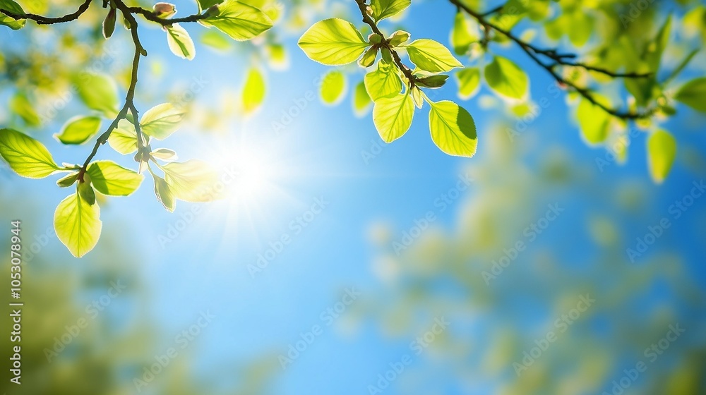 A fresh spring blue sunny sky background with blurred warm sunny glow, with fresh green spring, summer foliage, of tree leaves A fresh spring blue sunny sky background with blurred warm sunny glow, with fresh green spring, summer foliage, of tree leaves