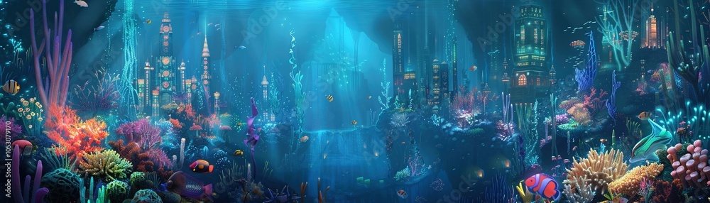 Obraz premium An underwater metropolis illuminated by bioluminescent plants and creatures