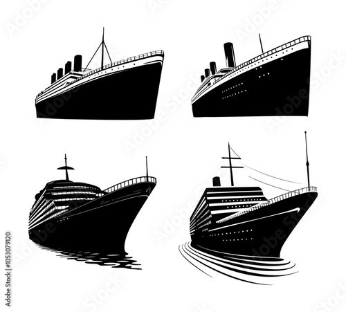 Silhouette Titanic ship and maritime boat iconic collection. Set of black boats, motorboats, sailboats, maritime, cruiser, and cargo ship vector set
