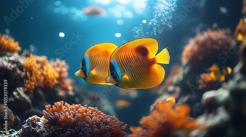 Pair of butterflyfish swimming through a coral reef surrounded by aquatic plants and corals as the tide gently stirs the vibrant marine environment in a peaceful underwater world photo