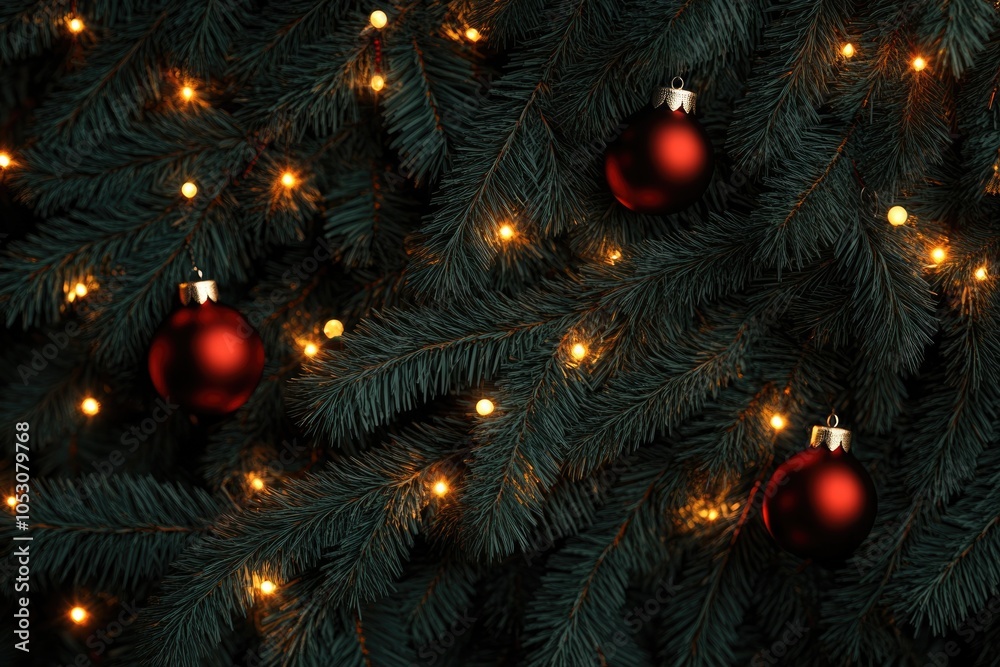 Above view on pine tree branches with Christmas fairy lights and red baubles Above view on pine tree branches with Christmas fairy lights and red baubles