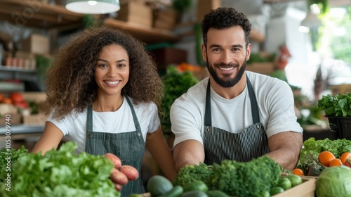 Happy farmers at a grocery store showcasing fresh vegetables with enthusiasm and smiles, promoting healthy lifestyle choices. photo