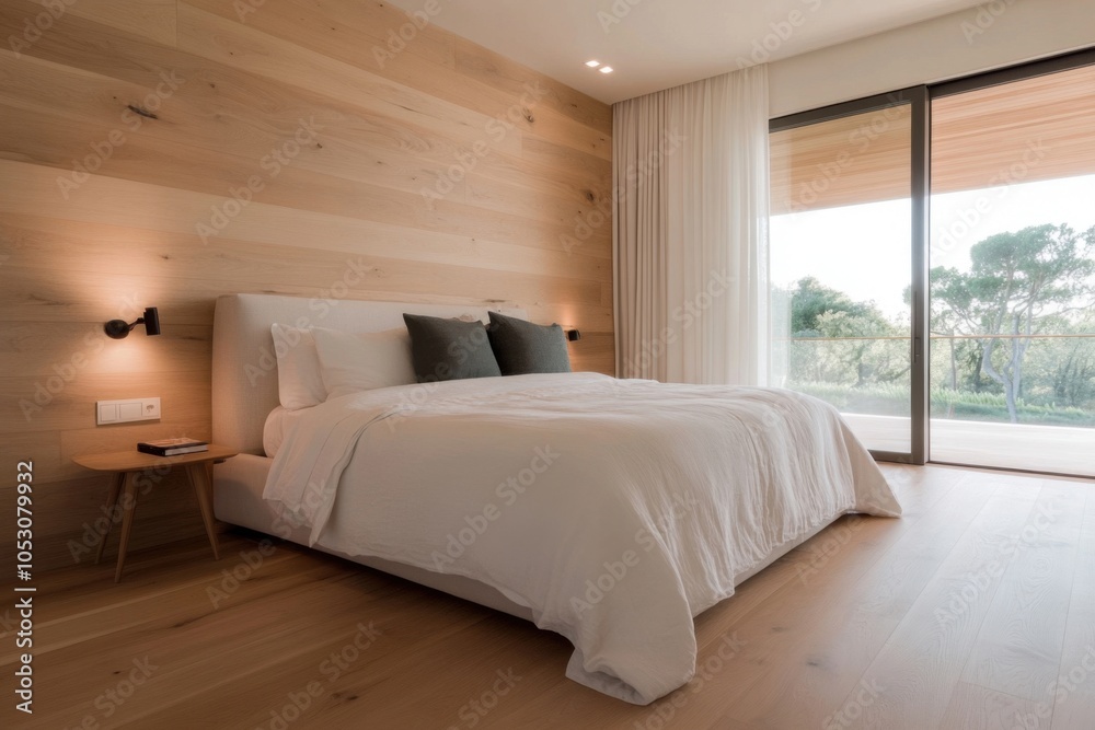 Fototapeta premium Modern minimalist bedroom with large window overlooking nature