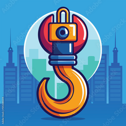 A colorful cartoon illustration of a hook with an electrical plug on it. The hook is in front of a cityscape.