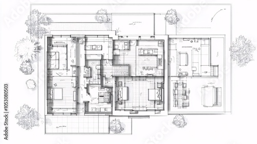 Hand-Drawn Floor Plan of a Modern House with Outdoor Area