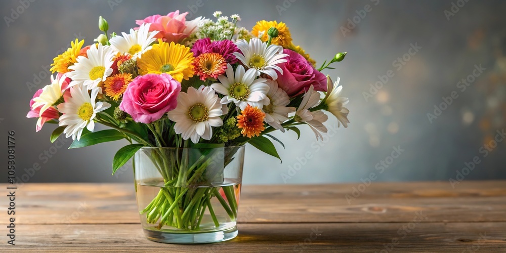 A bouquet of mixed flowers including daisies, carnations, and alstroemeria in a clear glass vase, petal, garden, bouquet, botanical, color A bouquet of mixed flowers including daisies, carnations, and alstroemeria in a clear glass vase, petal, garden, bouquet, botanical, color