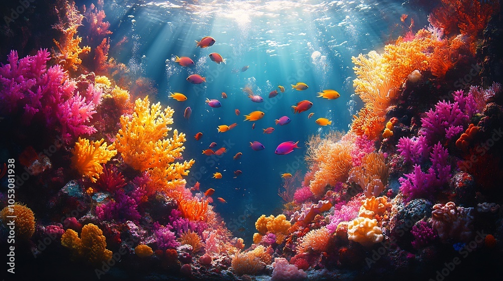 Striking coral reef with a group of damselfish swimming near surrounded by aquatic life and the tide gently stirring the vibrant corals and underwater plants in the peaceful ocean Striking coral reef with a group of damselfish swimming near surrounded by aquatic life and the tide gently stirring the vibrant corals and underwater plants in the peaceful ocean