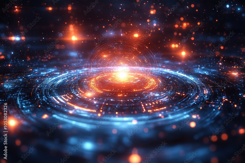 Abstract digital space with glowing rings and stars. Abstract digital space with glowing rings and stars.