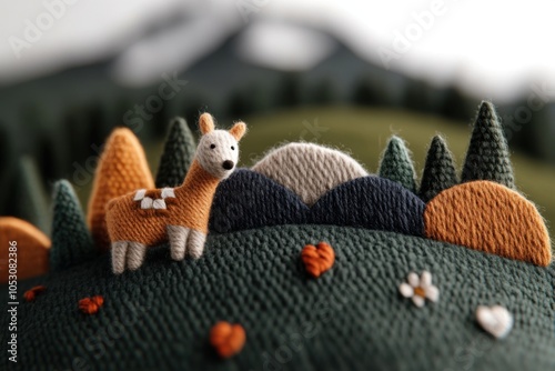 Knitted llama standing on green yarn hills in front of mountains photo