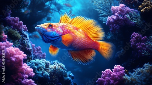 Stunning coral reef with a vibrant cleaner wrasse tending to a large fish surrounded by aquatic plants and soft corals gently moving with the tide in a peaceful ocean environment photo