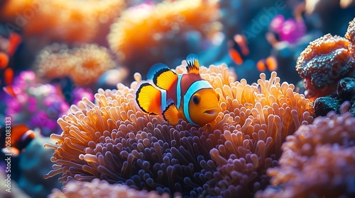 Vibrant clownfish hiding within the protective tentacles of an anemone on a coral reef surrounded by aquatic creatures and the subtle movement of the tide on a sunlit underwater scene photo