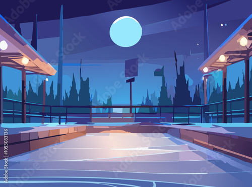Empty ice rink at night with for snow skating. Vector illustration in flat cartoon style.