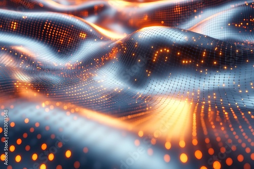 Abstract digital wave with glowing orange dots, creating a futuristic and dynamic visual.