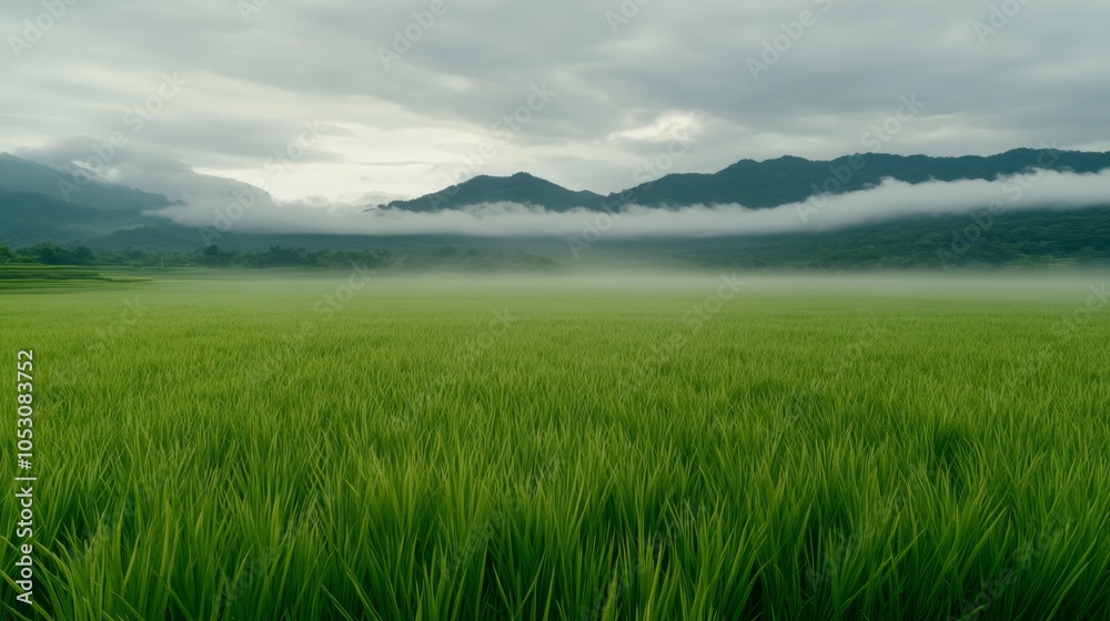 Fototapeta premium Majestic mountains and lush green grass field landscape background green