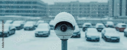 A snowy landscape features a security camera positioned in a parking lot, capturing the serene yet cold atmosphere of winter.
