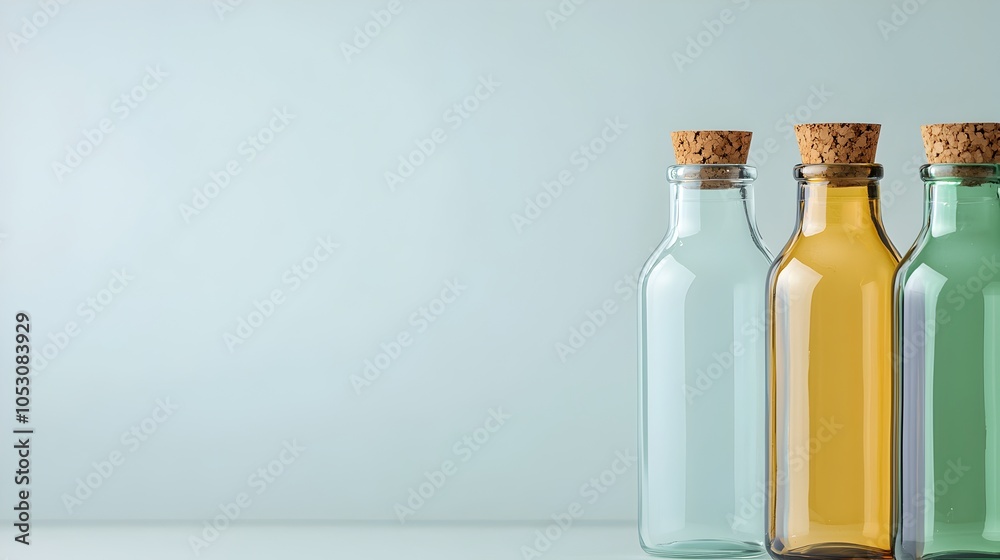 Sustainable Glass Milk Bottles with Cork Stoppers on Soft Pastel Background Sustainable Glass Milk Bottles with Cork Stoppers on Soft Pastel Background