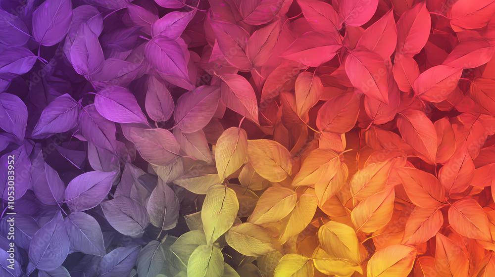 The perfect backdrop for nature-themed wallpapers and seasonal designs, this vibrant spectrum leaf pattern background features a multicolor gradient overlay. Gradient Overlay. Illustration The perfect backdrop for nature-themed wallpapers and seasonal designs, this vibrant spectrum leaf pattern background features a multicolor gradient overlay. Gradient Overlay. Illustration