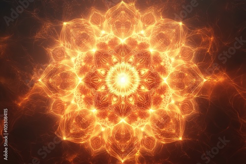 Abstract fiery mandala with glowing center.