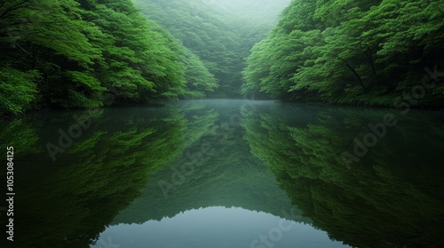 Serene lake reflections, tranquil waters embraced by lush green forest