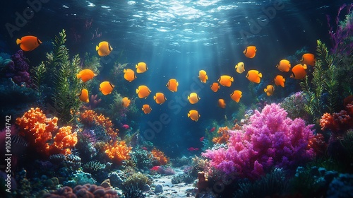 Vibrant coral reef with a group of butterflyfish swimming near surrounded by aquatic plants and corals as the tide creates gentle currents in the ocean water illuminating the underwater world photo