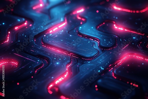 Abstract futuristic circuit board with glowing neon lines.