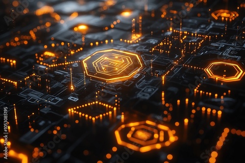 Abstract futuristic circuit board with glowing orange lines.