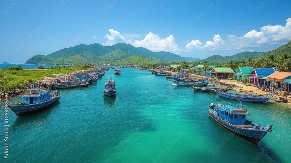 Naklejka premium Boats Docked in a Narrow Inlet Surrounded by Lush Green Hills and Colorful Buildings