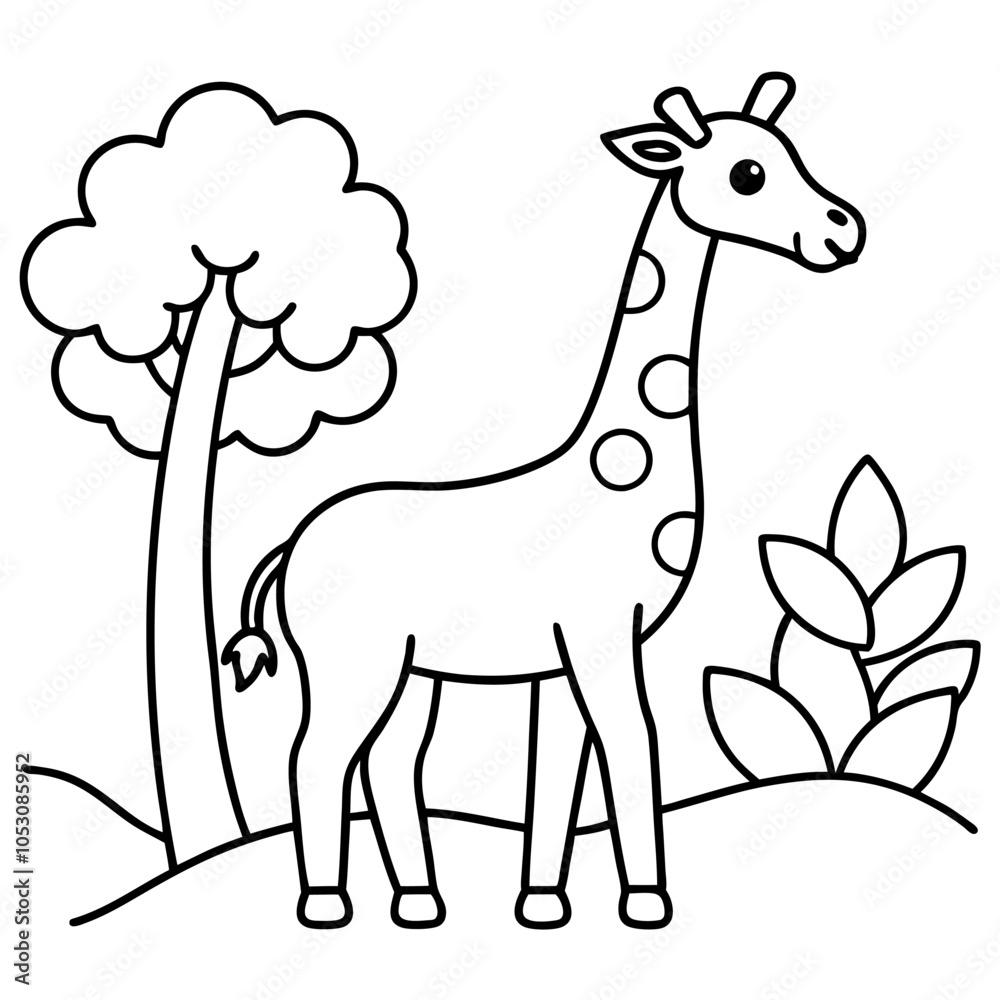 Fototapeta premium Giraffe kids in jungle coloring page vector art illustration coloring book design 