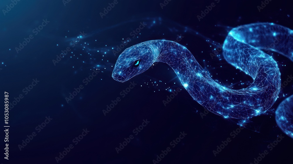 A digital representation of a snake composed of glowing particles against a dark background. A digital representation of a snake composed of glowing particles against a dark background.