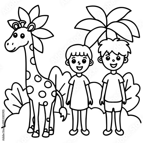 Giraffe kids in jungle coloring page vector art illustration coloring book design 