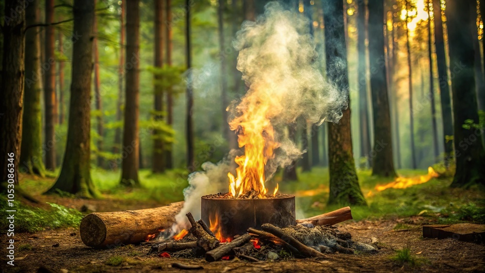 A burst of smoke erupts from a crackling fire pit in a mystical forest, natural landscape, ancient trees A burst of smoke erupts from a crackling fire pit in a mystical forest, natural landscape, ancient trees