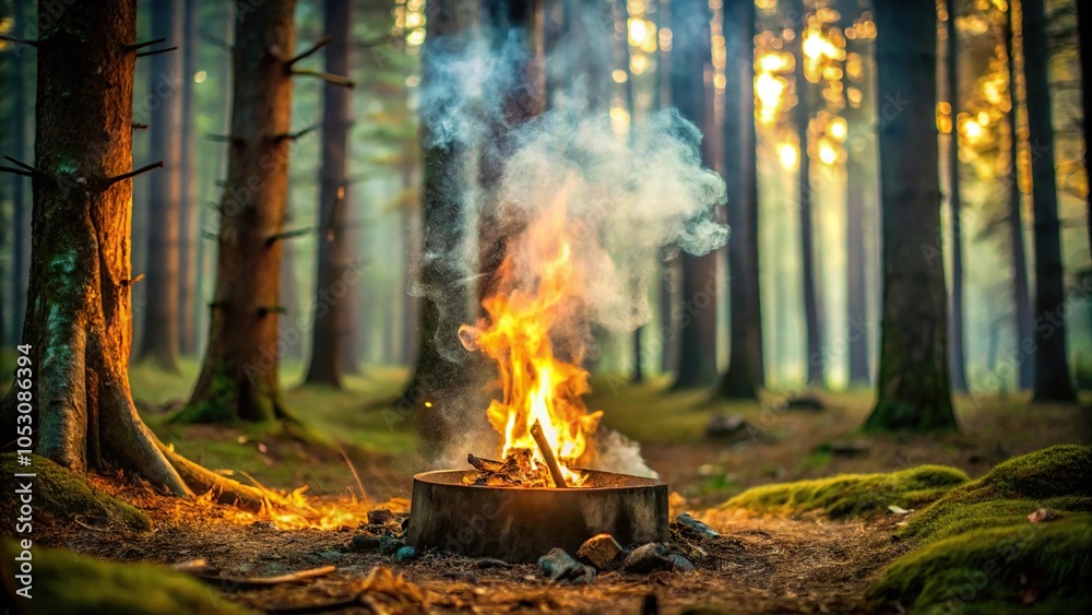 A burst of smoke erupts from a crackling fire pit in a mystical forest, magical elements, flames, mystical forest A burst of smoke erupts from a crackling fire pit in a mystical forest, magical elements, flames, mystical forest