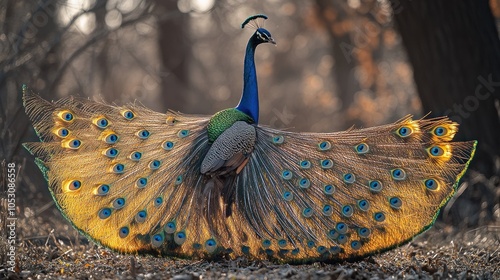 A male peacock displays its vibrant plumage in a natural setting, with its tail feathers spread wide in a fan-like shape. The peacock's blue, green, and gold colors are strikingly beautiful