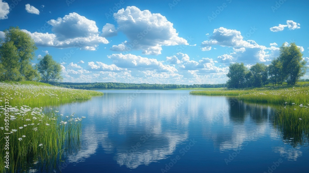 Serene lakeside view with lush greenery and fluffy clouds. Serene lakeside view with lush greenery and fluffy clouds.