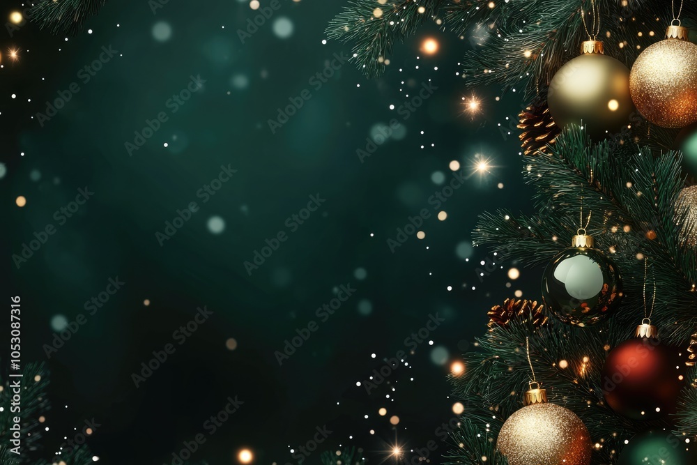 Festive Christmas tree with decorations and lights on dark background. Festive Christmas tree with decorations and lights on dark background.