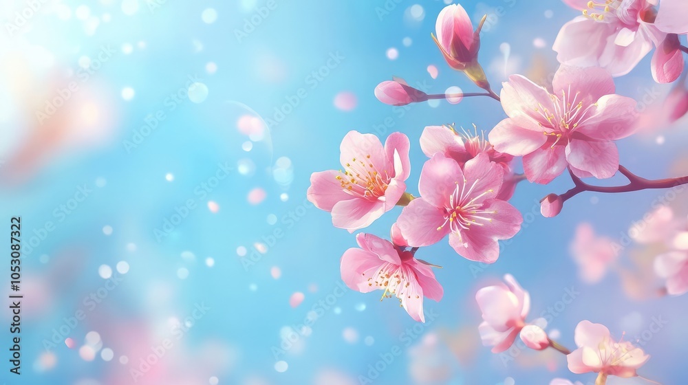 Branch with pink spring blossoms on pastel blue sky Branch with pink spring blossoms on pastel blue sky