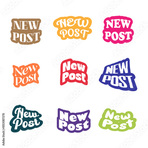 Illustrations of various New Post writing concepts sticker for social media content, new post vector text illustrations