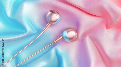 Bright earphones on soft pastel background photo