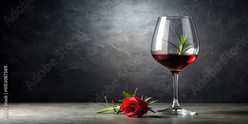 A chilled glass of red wine with a single floating rose petal and a sprig of fresh rosemary, sophistication, wineanddine photo