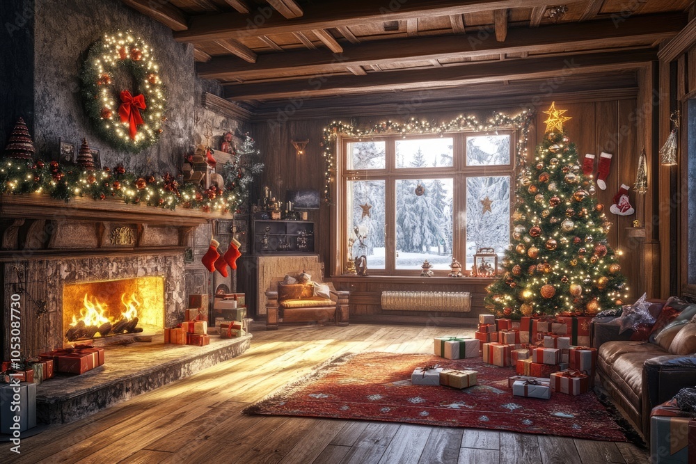 Festive Christmas tree decor in beautifully decorated home. Festive Christmas tree decor in beautifully decorated home.