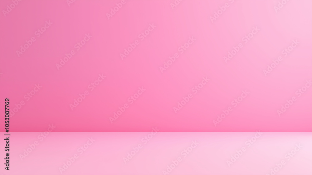 A clean and minimalist studio with a soft pink wall and floor. 
