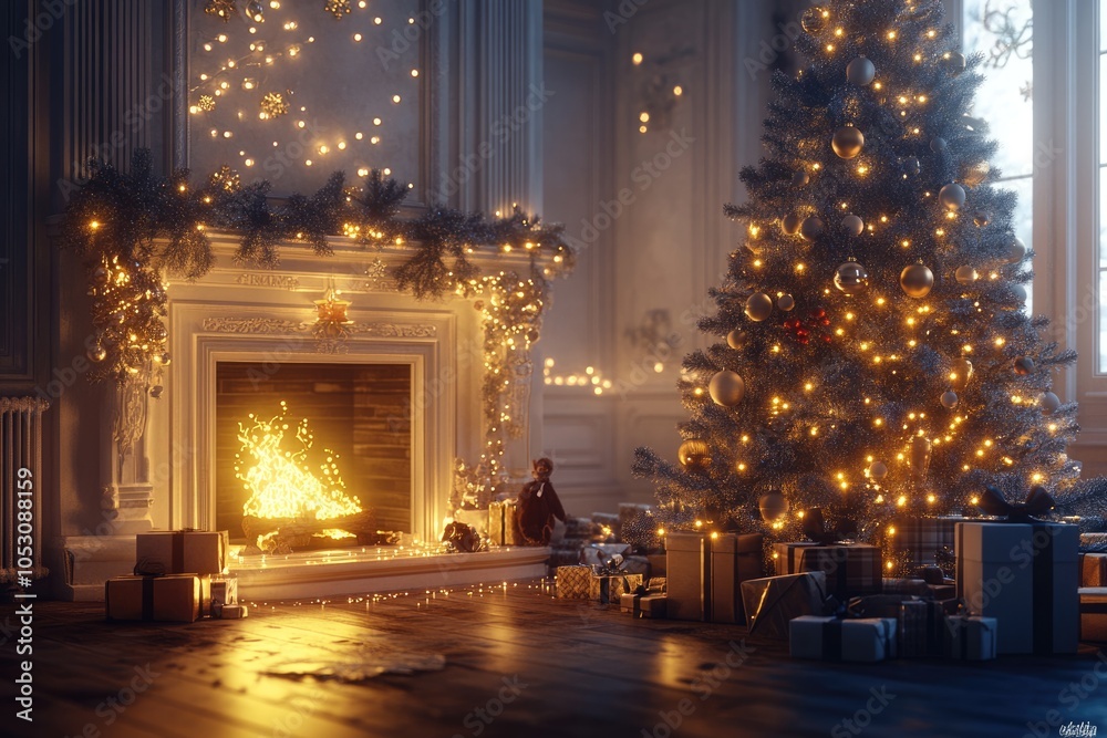 interior christmas. magic glowing tree fireplace and gifts interior christmas. magic glowing tree fireplace and gifts