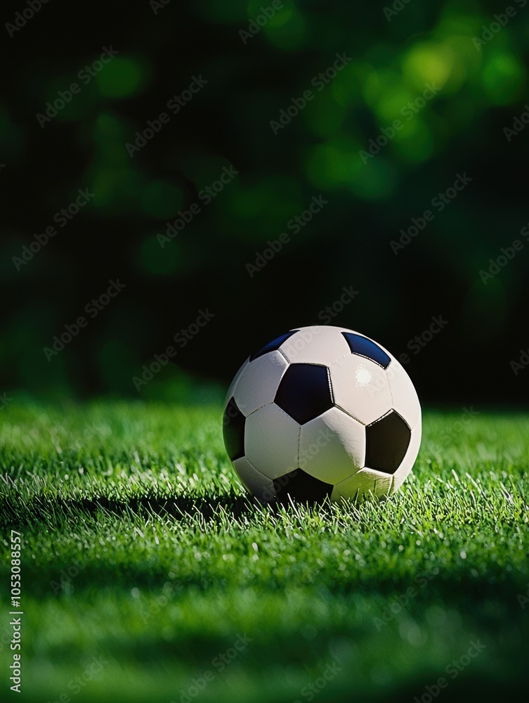 Obraz premium A classic black and white soccer ball resting on vibrant green grass.