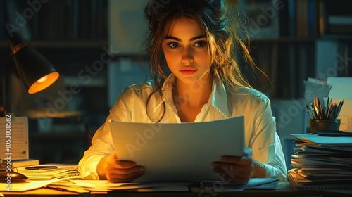 A young woman studying intently at a desk, surrounded by papers and a warm lamp glow.