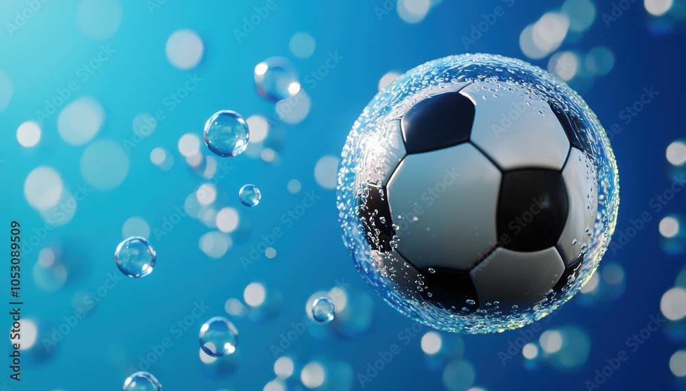 Naklejka premium A soccer ball submerged in soap bubbles, creating an artistic and playful underwater effect.
