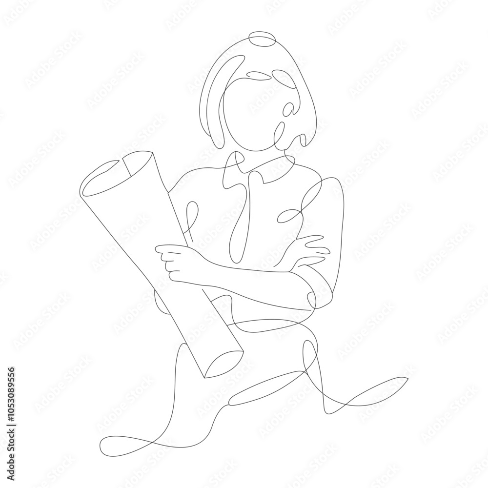 Continuous line drawing of a young female architect in a modern, minimalist architectural setting, standing confidently with a blueprint in hand and arms crossed.