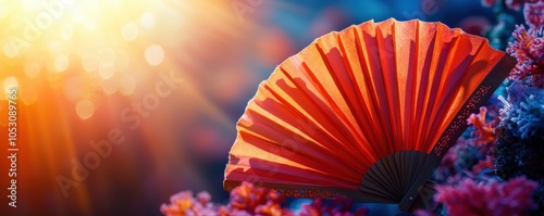 A vibrant red fan resting on bright coral, illuminated by soft sunlight, creating a warm and enchanting scene.