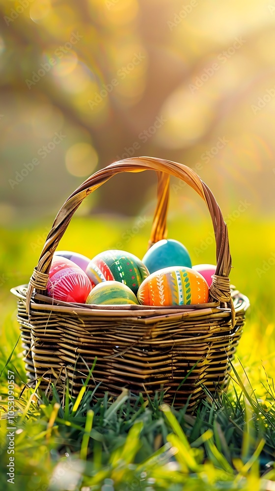 Basket with easter eggs on green grass with bokeh background Basket with easter eggs on green grass with bokeh background